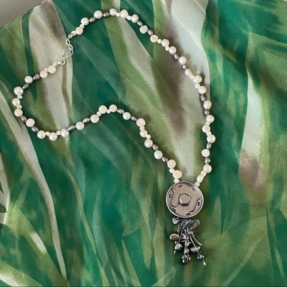 Handmade Statement Necklace Freshwater Pearl Mother of Pearl Snap Upcycle - Picture 2 of 7